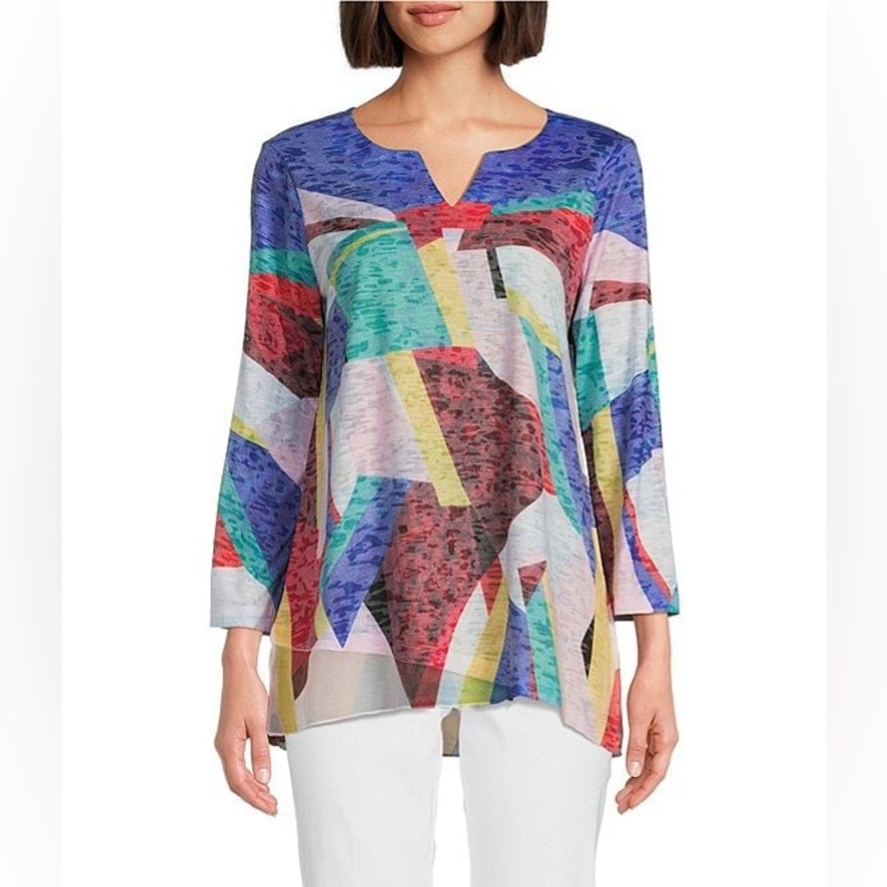 🩷Ali Miles Sz PL Abstract Print Knit Notch Neck  Chiffon Trim Hem Popover Tunic